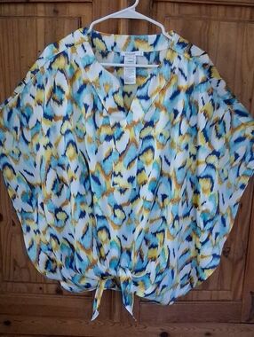 Chico's Blue, Yellow & White Abstract Tie-Hem Tunic